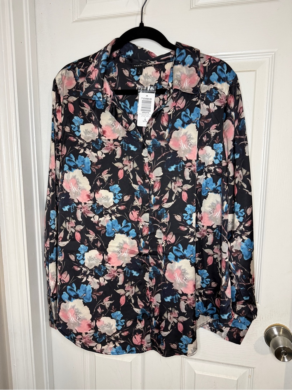 torrid Black Floral Button-Down Shirt with Blue & Pink Blooms